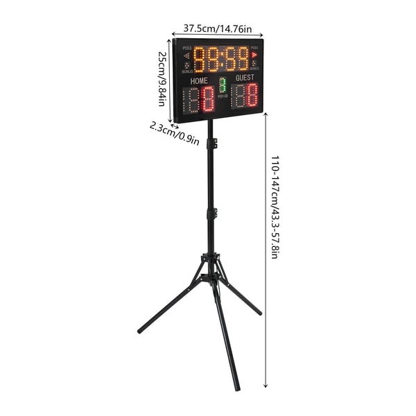 LED Kilpailuajastin & Tulostaulu - Jalustamalli - Säädettävä Korkeus 110–147 cm - Kaukosäädin 30 m - 0–199 Pistettä - 0–9 Jaksoa - Punainen LED