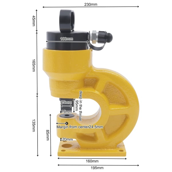 Hydraulisk hulstanse - CH-60 - Kraft 31 ton/304 kN - Halsdybde 9,5 cm - Stanseforme 10,5–20,5 mm (4) - Til vinkelstål 4–5 mm - Gul