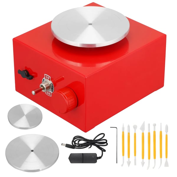Mini drejeskive - Elektrisk pottemagerskive - Skiver 6,5 cm & 10 cm - Med opsamlingsbakke - Til DIY ler & keramik - Rød