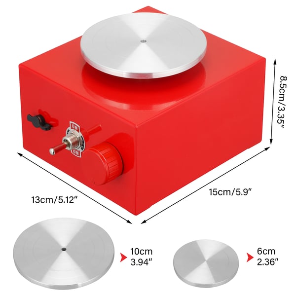 Mini drejeskive - Elektrisk pottemagerskive - Skiver 6,5 cm & 10 cm - Med opsamlingsbakke - Til DIY ler & keramik - Rød