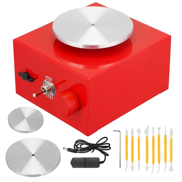 Mini drejeskive - Elektrisk pottemagerskive - Skiver 6,5 cm & 10 cm - Med opsamlingsbakke - Til DIY ler & keramik - Rød