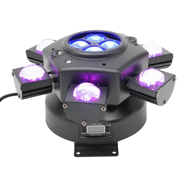 Roterende scenelys - 6-arm DMX lyseffekt - Laser & LED - 150–200 W - DMX512/Master-Slave/Auto/Lyd - 220 V EU-stik - Varmt lys