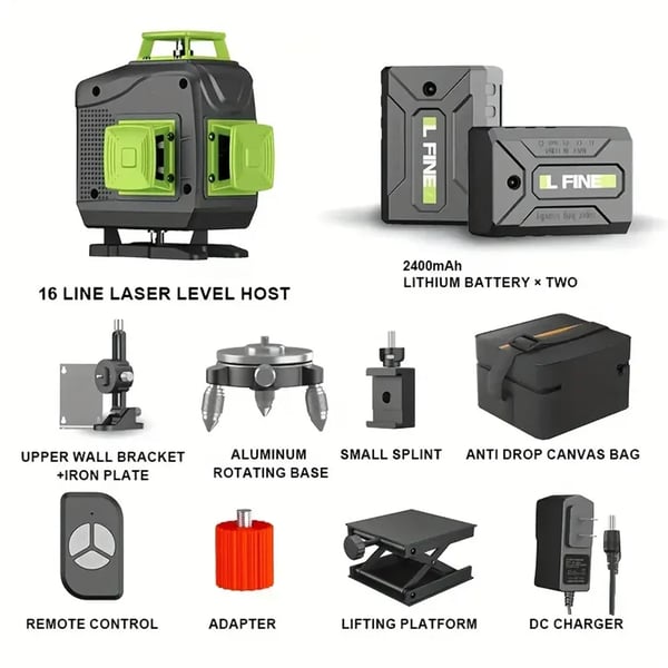 Laser-niveau - Sæt - Selv-nivellerende 16 Linjer - Genopladelige 2× 4800 mAh Lithiumbatterier - EU-stik - Roterende Aluminiumsbase - Brun