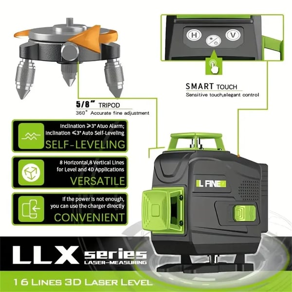 Laser-niveau - Sæt - Selv-nivellerende 16 Linjer - Genopladelige 2× 4800 mAh Lithiumbatterier - EU-stik - Roterende Aluminiumsbase - Brun