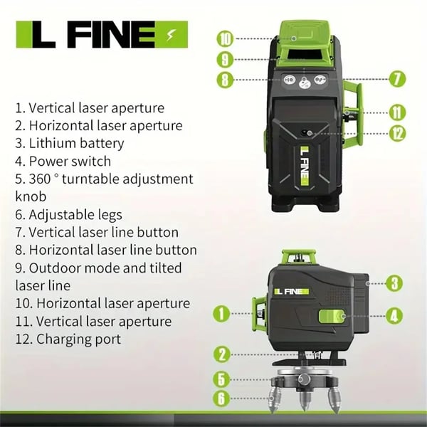 Laser-niveau - Sæt - Selv-nivellerende 16 Linjer - Genopladelige 2× 4800 mAh Lithiumbatterier - EU-stik - Roterende Aluminiumsbase - Brun