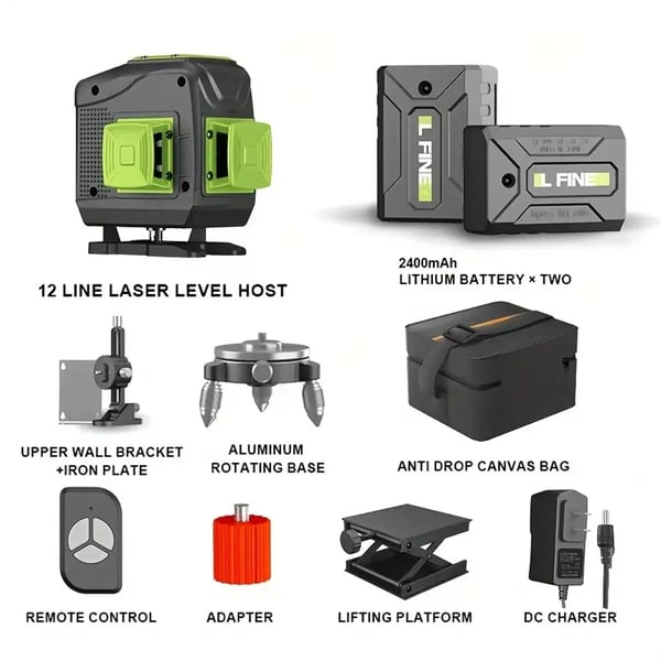 Laser-niveau - Sæt - Selv-nivellerende 16 Linjer - Genopladelige 2× 4800 mAh Lithiumbatterier - EU-stik - Roterende Aluminiumsbase - Brun