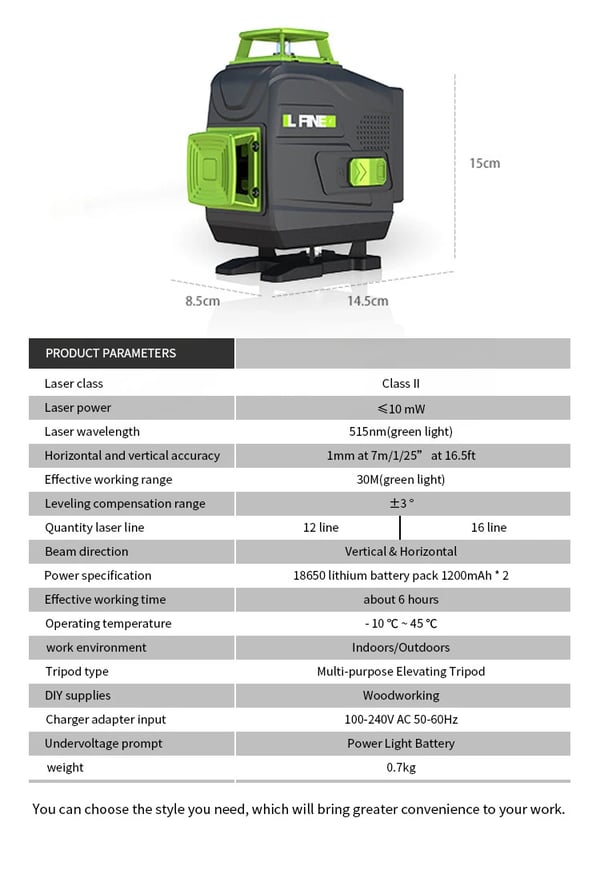 Laser-niveau - Sæt - Selv-nivellerende 16 Linjer - Genopladelige 2× 4800 mAh Lithiumbatterier - EU-stik - Roterende Aluminiumsbase - Brun