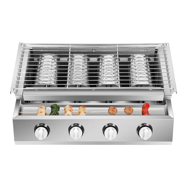BBQ Gasgrill - 4-Brænder - Propan - Rustfrit Stål - Bærbar - Let at Rengøre - Røgfri - CE-Godkendt - Sølv