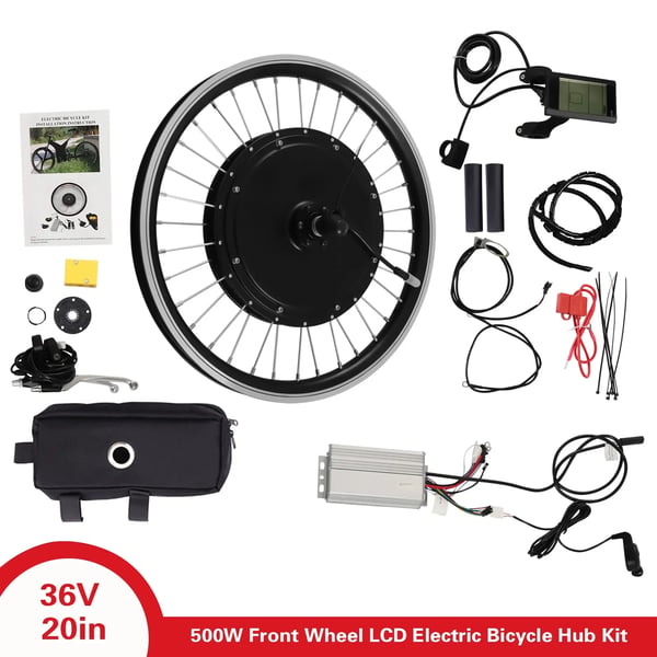 Sähköpyörän muunnossarja - Etunapamoottori - 500W 340 RPM - 50,8 cm renkaille - Jarrukahvat moottorin katkaisulla - Sopii V-jarru/levyjarrulle - Musta