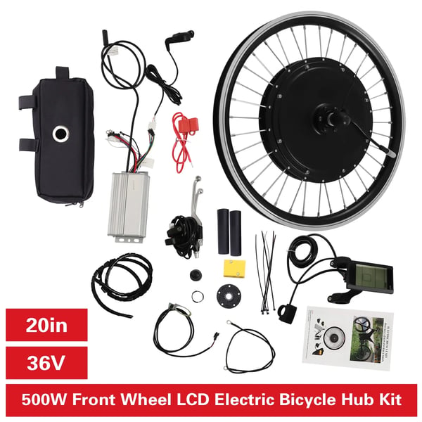 Sähköpyörän muunnossarja - Etunapamoottori - 500W 340 RPM - 50,8 cm renkaille - Jarrukahvat moottorin katkaisulla - Sopii V-jarru/levyjarrulle - Musta