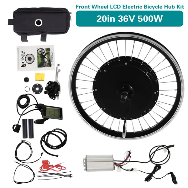 Sähköpyörän muunnossarja - Etunapamoottori - 500W 340 RPM - 50,8 cm renkaille - Jarrukahvat moottorin katkaisulla - Sopii V-jarru/levyjarrulle - Musta
