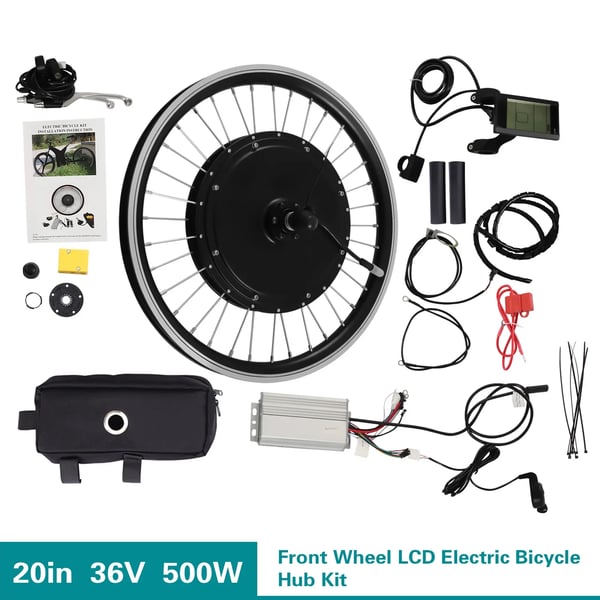 Sähköpyörän muunnossarja - Etunapamoottori - 500W 340 RPM - 50,8 cm renkaille - Jarrukahvat moottorin katkaisulla - Sopii V-jarru/levyjarrulle - Musta