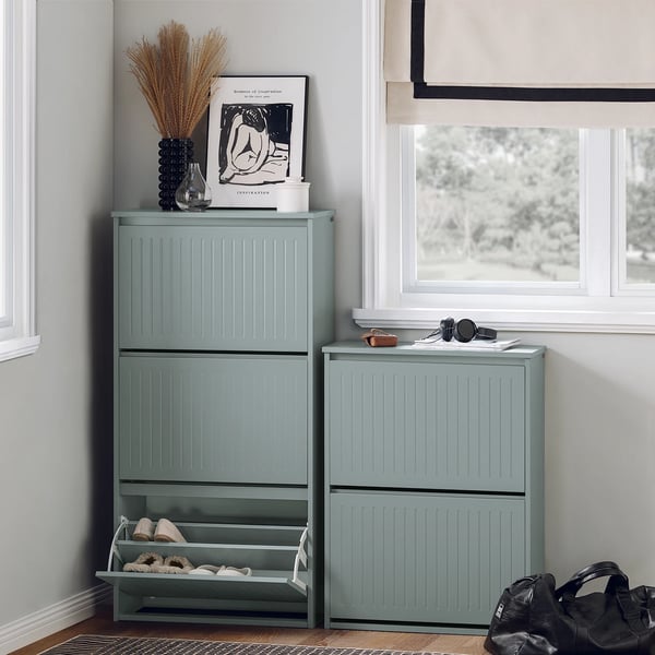 FSR165-H, skoskab, 3 klapper, smal design, 6 hylder, grå