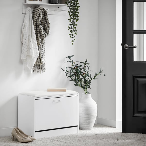 FSR16 skobänk med sittdyna, skoförvaring med 1 klaff, smal, ca 60×46×30 cm, vit FSR16 skobänk med sittdyna, skoförvaring med 1 klaff, smal, ca 60×46×30 cm, vit