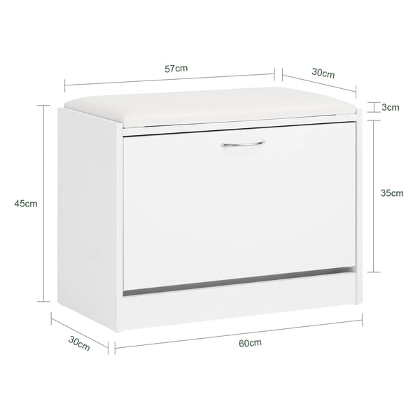 FSR16 skobänk med sittdyna, skoförvaring med 1 klaff, smal, ca 60×46×30 cm, vit