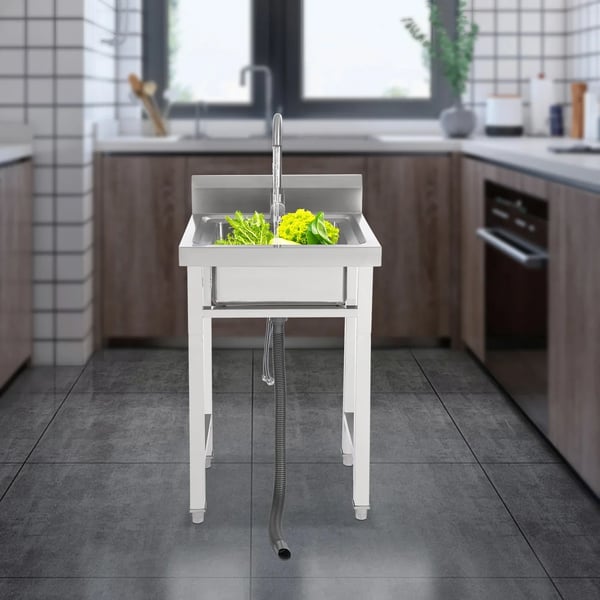 Ruostumaton teollisuusallas - Vapaasti seisova yksialtainen - 360° hana - Suorakulmainen - 35×31×19 cm - Kiillotettu/Harjattu - Hopea