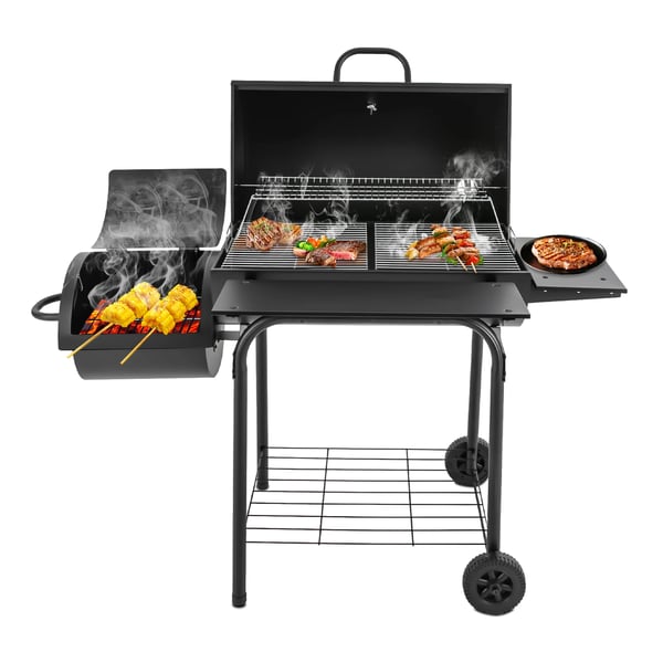 Fristående kolgrill - Rökgrill - Stor familjemodell - Sidobord & hyllor - Hjul - 147×70×126 cm - Svart