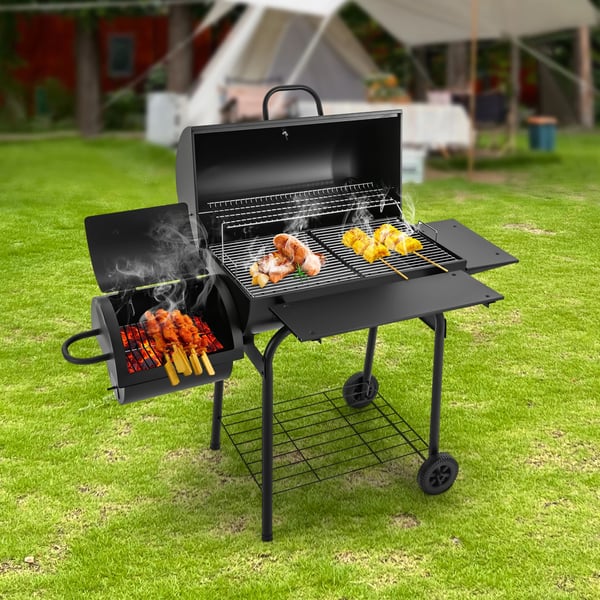 Vapaasti seisova hiiligrilli - Savustin - Perhekokoinen - Sivupöytä ja hyllyt - Pyörät - 147×70×126 cm - Musta