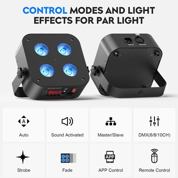 LED Par Uplight - DMX lavavalo - RGBWA+UV 4x18W (72W) - Sisäänrakennettu akku - DMX512/RDM 6/8/10 kanavaa - Sovellus & kaukosäädin - EU-pistoke