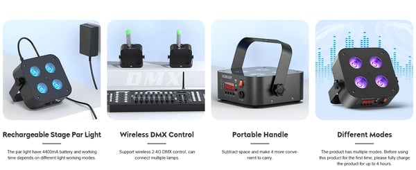 LED Par Uplight - DMX lavavalo - RGBWA+UV 4x18W (72W) - Sisäänrakennettu akku - DMX512/RDM 6/8/10 kanavaa - Sovellus & kaukosäädin - EU-pistoke
