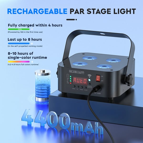 LED Par Uplight - DMX lavavalo - RGBWA+UV 4x18W (72W) - Sisäänrakennettu akku - DMX512/RDM 6/8/10 kanavaa - Sovellus & kaukosäädin - EU-pistoke