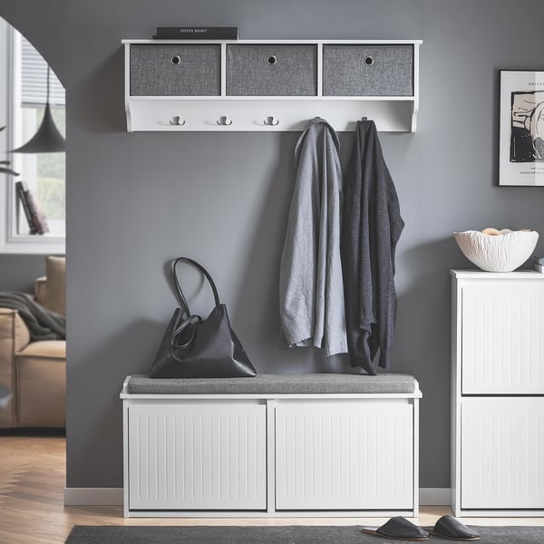 FSR98-XL, kenkäkaappi/penkki kahdella kääntöluukulla, valkoinen, istuinpehmuste, n. 100x46x26 cm (LxKxS)