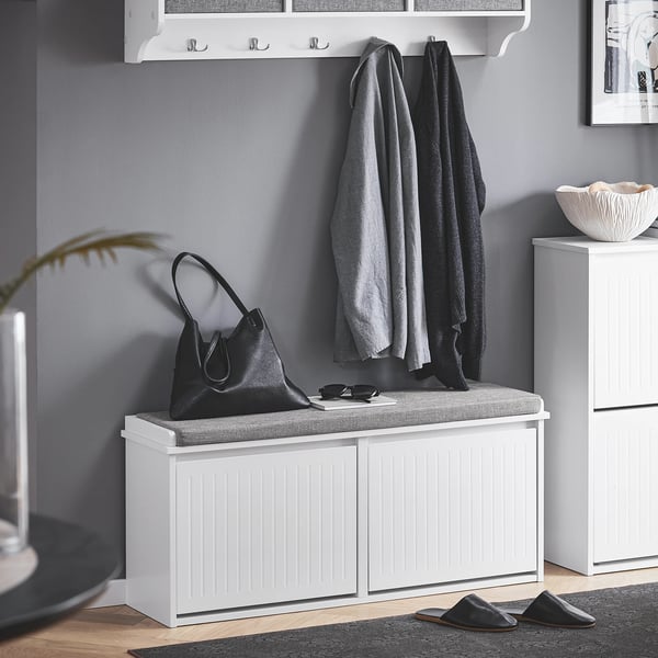 FSR98-XL, kenkäkaappi/penkki kahdella kääntöluukulla, valkoinen, istuinpehmuste, n. 100x46x26 cm (LxKxS)