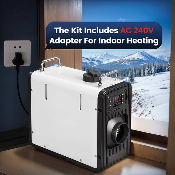 Diesel parkeringsvärmare - Luftvärmare 12V/24V 5–8 kW - EU-plugg 240V - 5L inbyggd tank - Bluetooth/App, LCD, fjärr - 0,15–0,44 L/h - −40 till +50°C