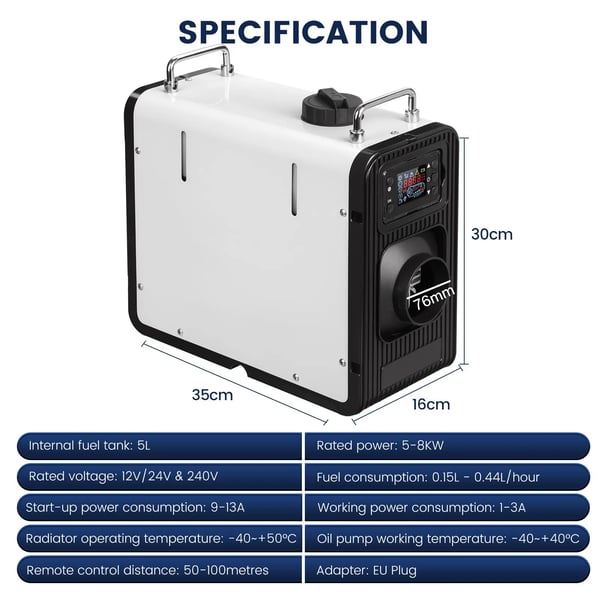 Diesel pysäköintilämmitin - Ilmalämmitin 12V/24V 5–8 kW - EU‑pistoke 240V - 5 l sisäinen säiliö - Bluetooth/sovellus, LCD, kauko - 0,15–0,44 l/h