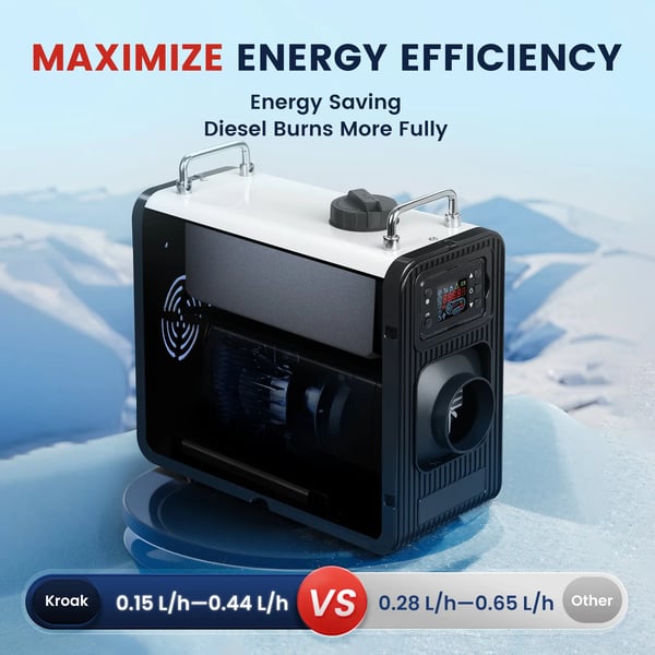 Diesel pysäköintilämmitin - Ilmalämmitin 12V/24V 5–8 kW - EU‑pistoke 240V - 5 l sisäinen säiliö - Bluetooth/sovellus, LCD, kauko - 0,15–0,44 l/h