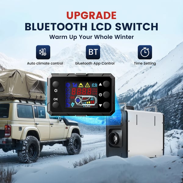 Diesel pysäköintilämmitin - Ilmalämmitin 12V/24V 5–8 kW - EU‑pistoke 240V - 5 l sisäinen säiliö - Bluetooth/sovellus, LCD, kauko - 0,15–0,44 l/h