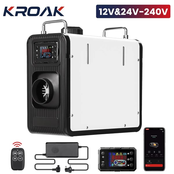 Diesel pysäköintilämmitin - Ilmalämmitin 12V/24V 5–8 kW - EU‑pistoke 240V - 5 l sisäinen säiliö - Bluetooth/sovellus, LCD, kauko - 0,15–0,44 l/h