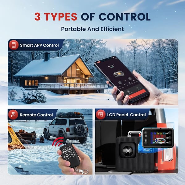 Diesel pysäköintilämmitin - Ilmalämmitin 12V/24V 5–8 kW - EU‑pistoke 240V - 5 l sisäinen säiliö - Bluetooth/sovellus, LCD, kauko - 0,15–0,44 l/h