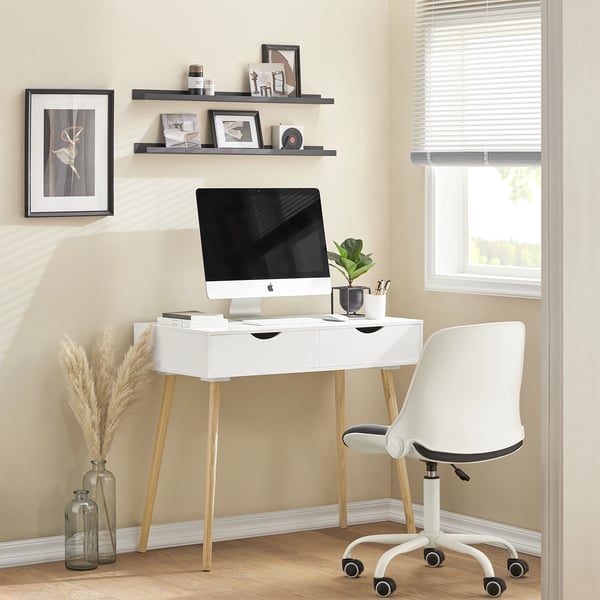 Skrivebord med 2 skuffer, computer-/børne-/kontorbord, hvid, B x H x D 90×77×45 cm