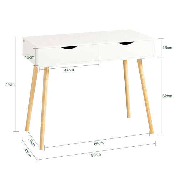 Skrivebord med 2 skuffer, computer-/børne-/kontorbord, hvid, B x H x D 90×77×45 cm