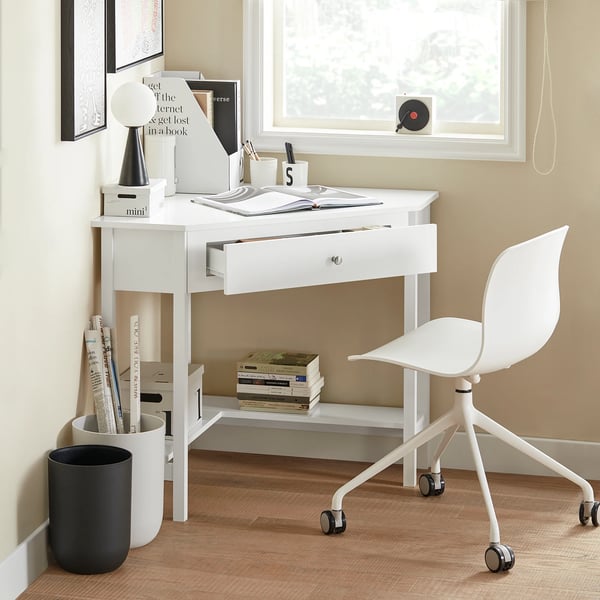 FWT31-W, hjørneskrivebord med hylde, hvid, ca. 76×76 cm
