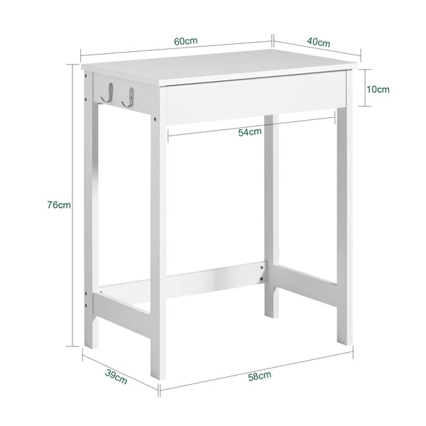 FWT43 Skrivebord/computerbord, 1 skuffe & 2 kroge, 60×77×40 cm, hvid
