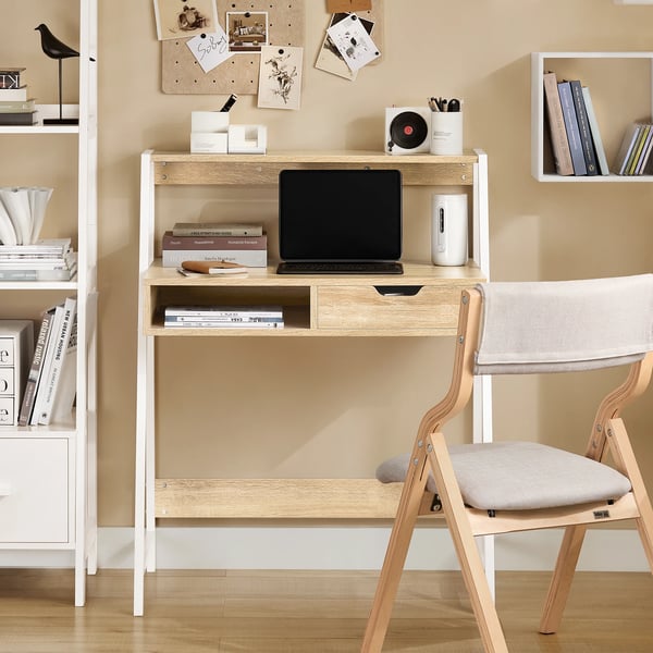 FWT63-N skrivebord, computerbord med hylde og skuffe, mørk khaki