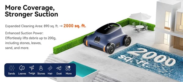 SAT 10 - Robot Poolstøvsuger - Batteri 7800 mAh - Motor 30 W - IP68 - Rengøring 180 min - Dybde 0,5–3 m - Op til 150 m² - Beige