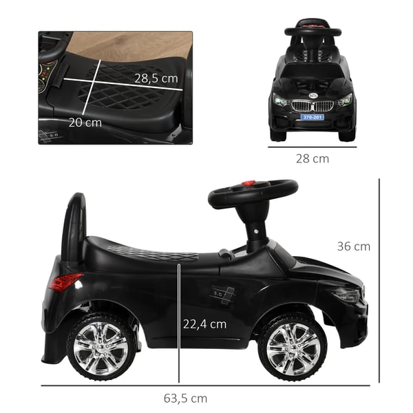 Gåbil för barn - Ride-on Sparkbil - Ålder 3–6 År - Fyra Hjul - Musik och Strålkastare - Plast - Mått 63,5×28×36 cm - Svart