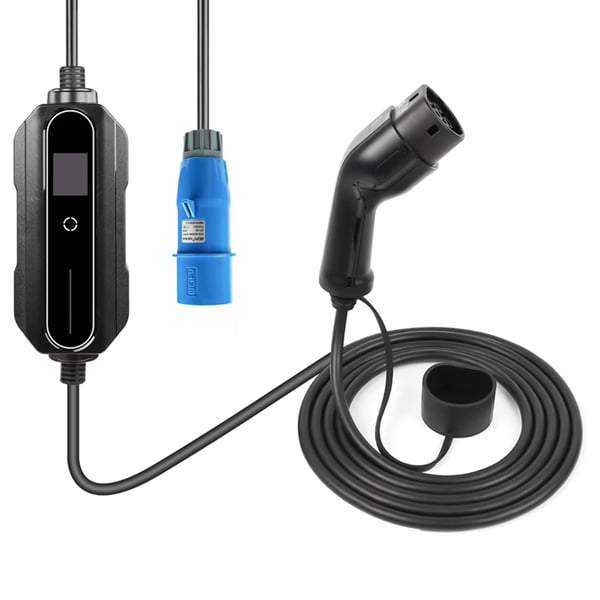 Bærbar elbil oplader IEC 62196 - CEE3A3250K - Mode 2 - CEE 3-polet - Justerbar 10–32A - Maks 7,4 kW - Kabel 5 m - LCD & IP66 - Sort