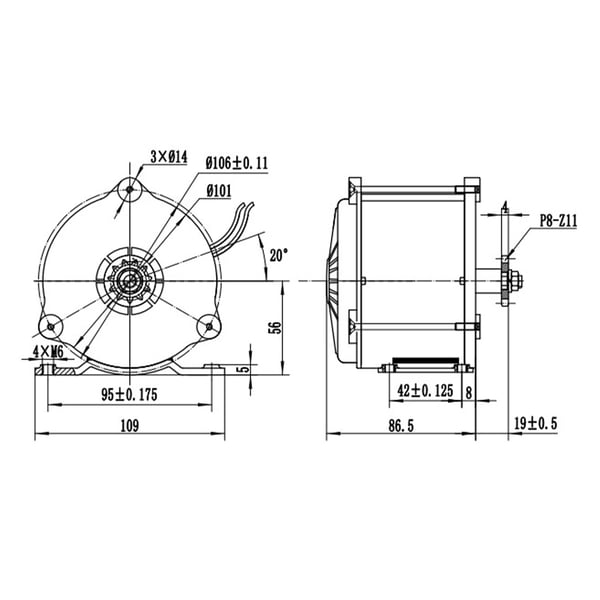 Elektrisk DC gearmotor - MY1018E-D - 500 W - 24/36 V - 1,98 Nm - 1700 omdr./min - IP44 - Til elcykel