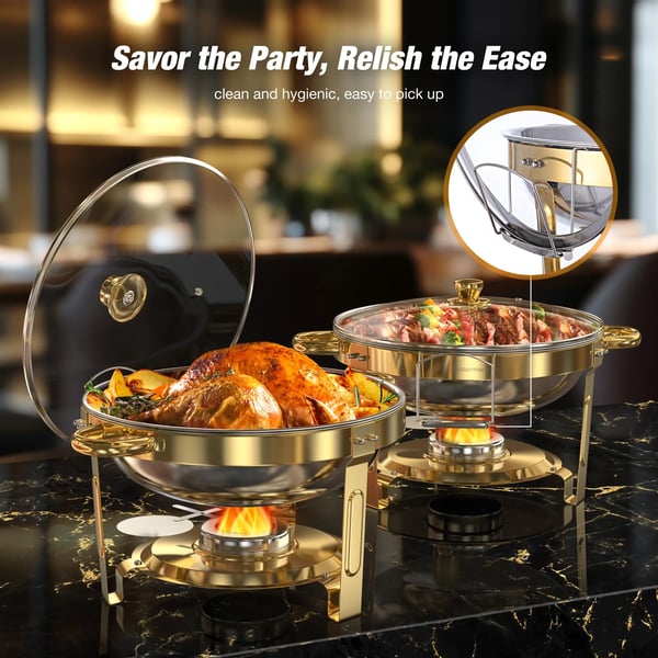 Buffetvarmer Chafing Dish Sæt - Rund Rustfrit Stål 4,7 L - 2-pak - Til Buffet & Hjemmefester - Brun