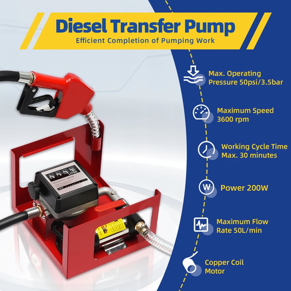 Elektrisk dieselpump, bränsleöverföringspump med automatisk bränslepistol, 50 L/min 230 V 200 W, självsugande, röd