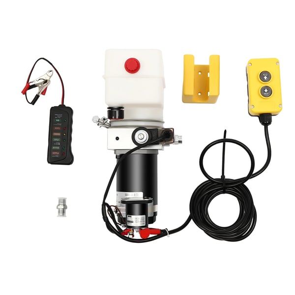 Hydrauliikkayksikkö - Yksitoiminen 12V DC Tehoyksikkö Kippiperävaunuun - 800 W Moottori - 18 MPa - 1,5 L Säiliö - 1,1 cm³/kierros - 2850 rpm