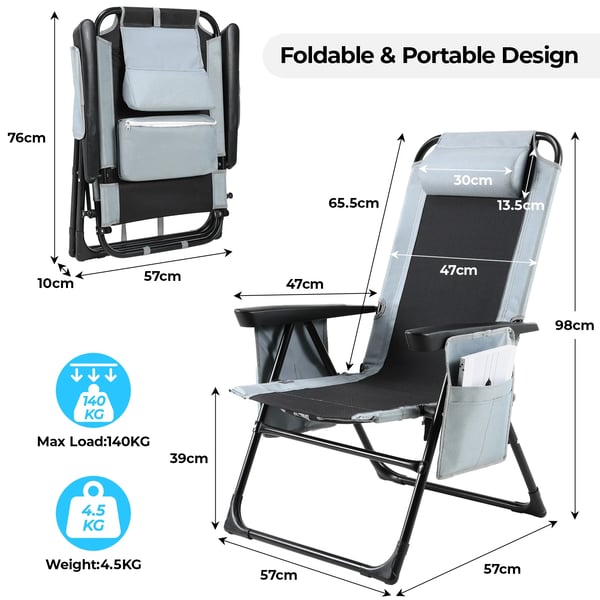 Foldbar havestol - Lounge-/campingstol - Justerbart ryglæn - Jernramme - 57 x 57 x 98 cm - Maks 140 kg - 1 stk. - Lysegrå