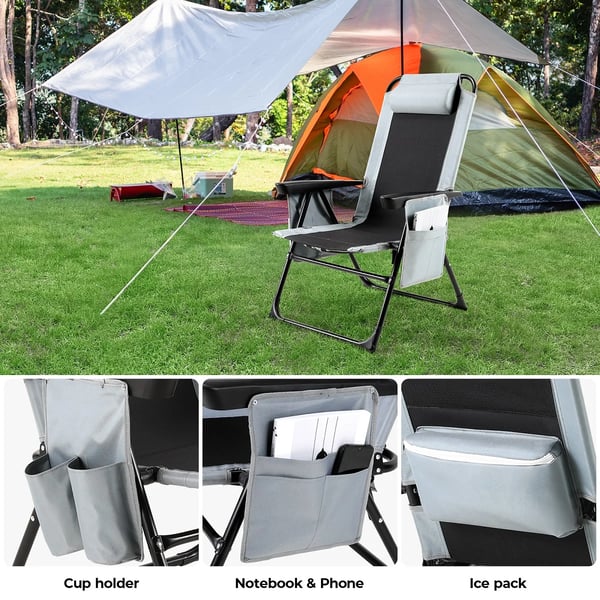 Foldbar havestol - Lounge-/campingstol - Justerbart ryglæn - Jernramme - 57 x 57 x 98 cm - Maks 140 kg - 1 stk. - Lysegrå