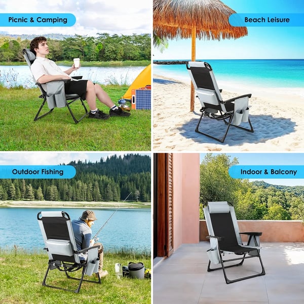 Foldbar havestol - Lounge-/campingstol - Justerbart ryglæn - Jernramme - 57 x 57 x 98 cm - Maks 140 kg - 1 stk. - Lysegrå