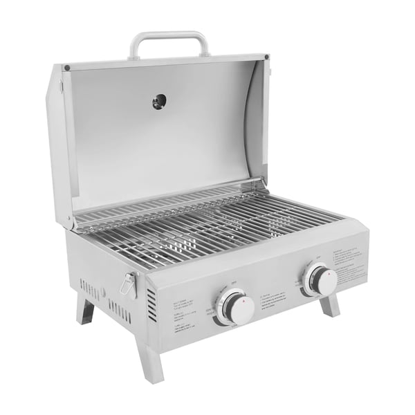 Gasolgrill - Bärbar grill - LPG/gasol - 2 brännare - Hopfällbar - Rostfritt stål - Camping/picknick/husbil - Silver