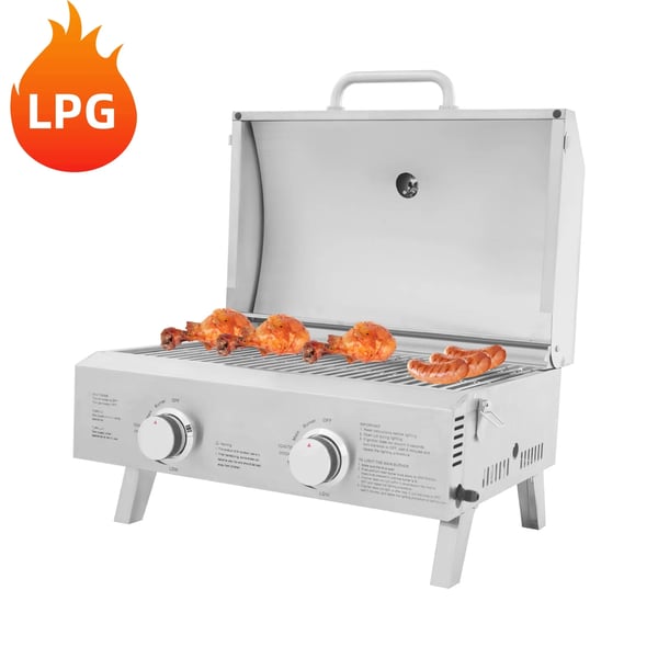 Gasgrill - Bærbar grill - LPG - 2 brændere - Sammenklappelig - Rustfrit stål - Camping/picnic/autocamper - Sølv
